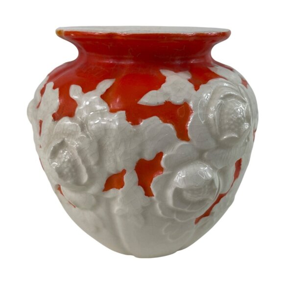 Moriyama Mori Machi Ceramic Vase White/Orange Raised Flowers - Picture 1 of 13